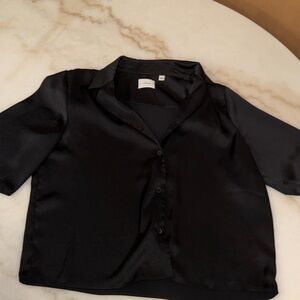 Black Satin Short-Sleeve Button-Up Semi- Cropped Top